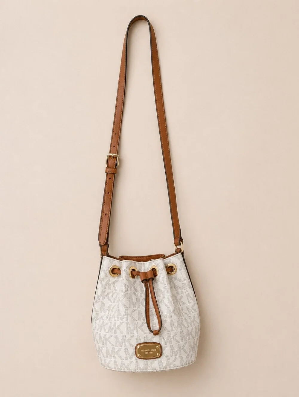 Michael Kors Vanilla Small MK Logo Canvas Fulton Drawstring Crossbody Bucket Bag